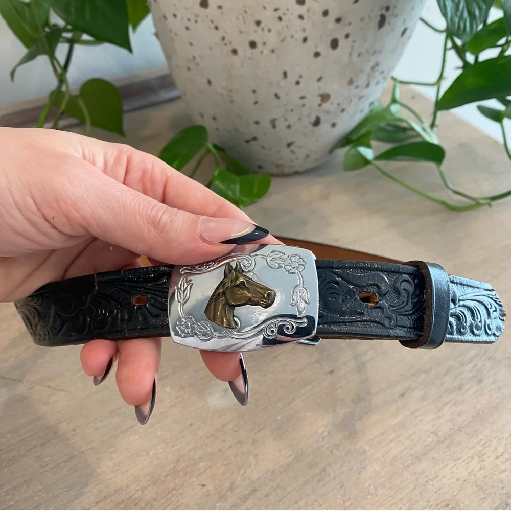 Justin Western Equestrian Brass And Silver Buckle Leather Belt